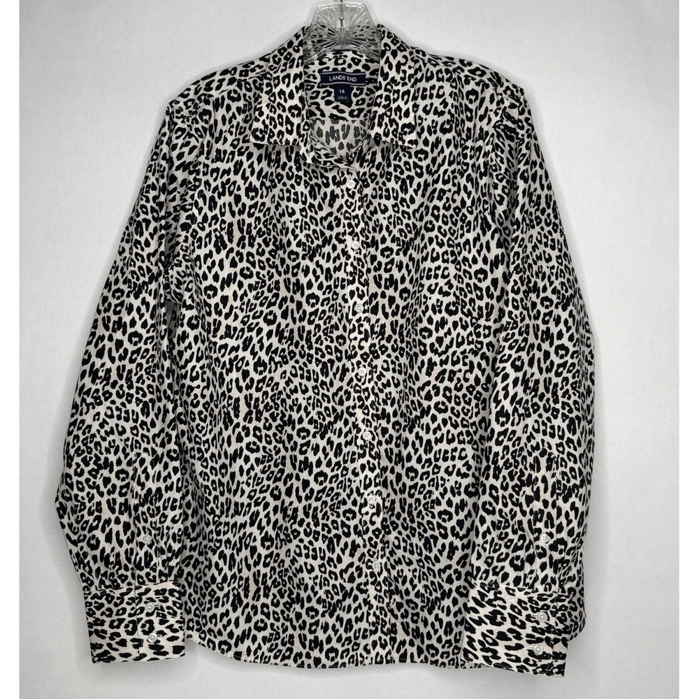 Lands End Button Up Shirt Womens 14 Multicolor Leopard Print 100% Cotton No Iron